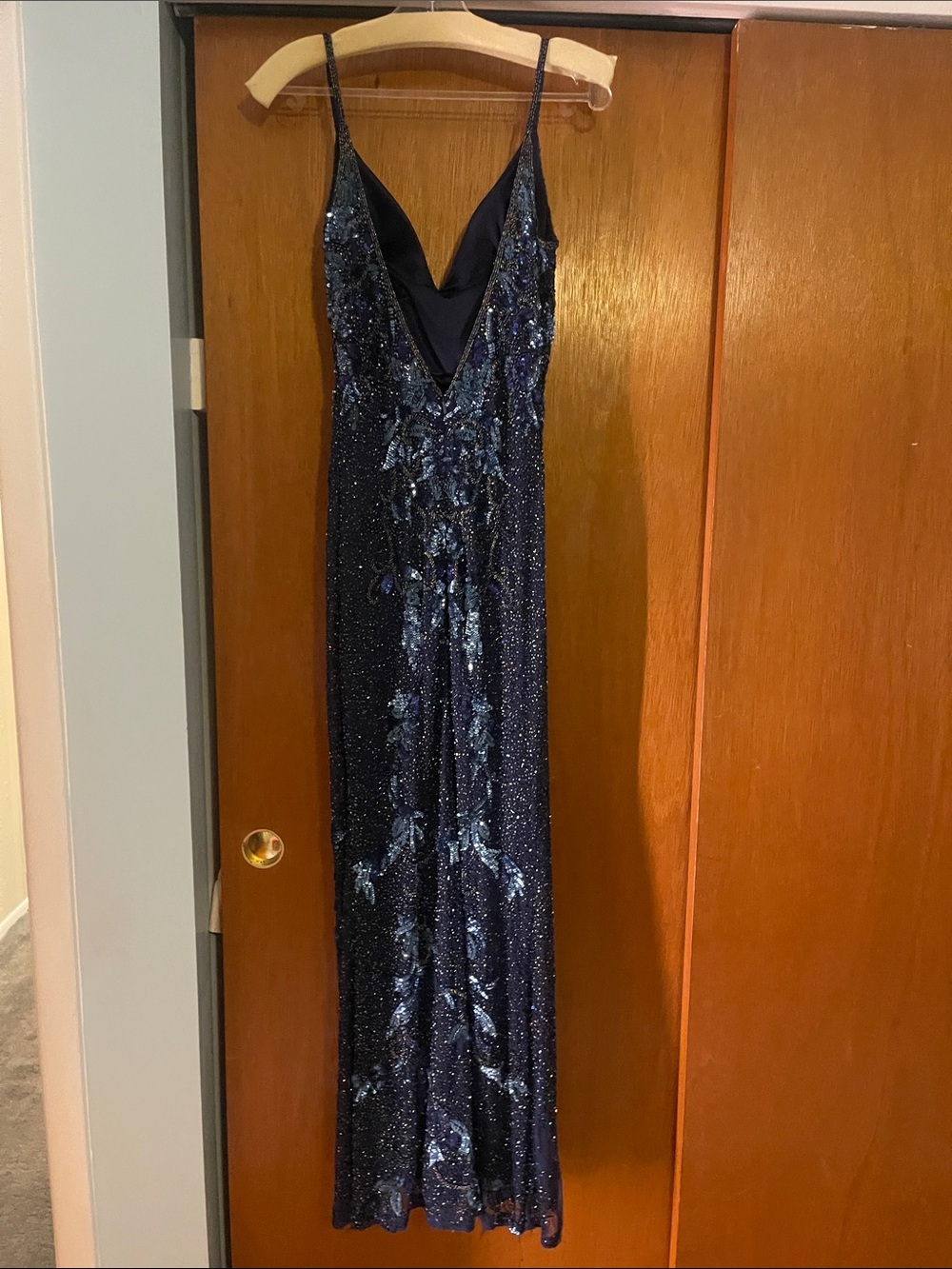 Elegant Navy Sequin Slip Dress with Floral beaded Accents - Picture 8 of 9